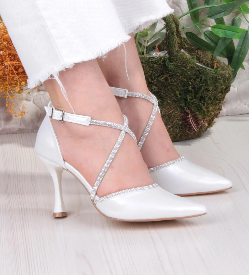 35693 Saten Çapraz Bantlı Biye Taşlı Topuklu Abiye Ayakkabı Kadın Ayakkabı