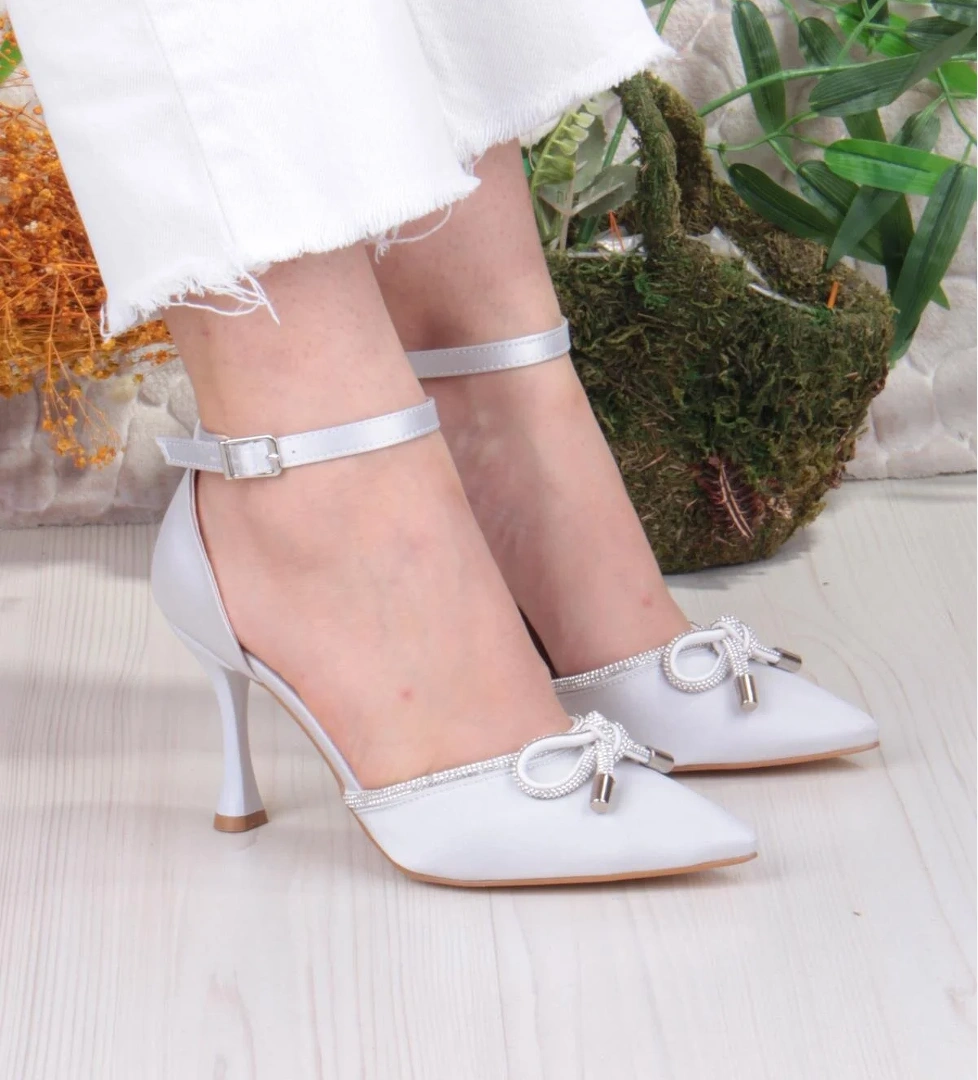 35695 Saten Fiyonklu Biye Taşlı Topuklu Abiye Ayakkabı Kadın Ayakkabı