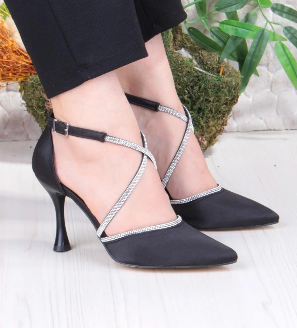 35693 Saten Çapraz Bantlı Biye Taşlı Topuklu Abiye Ayakkabı Kadın Ayakkabı - Görsel 1