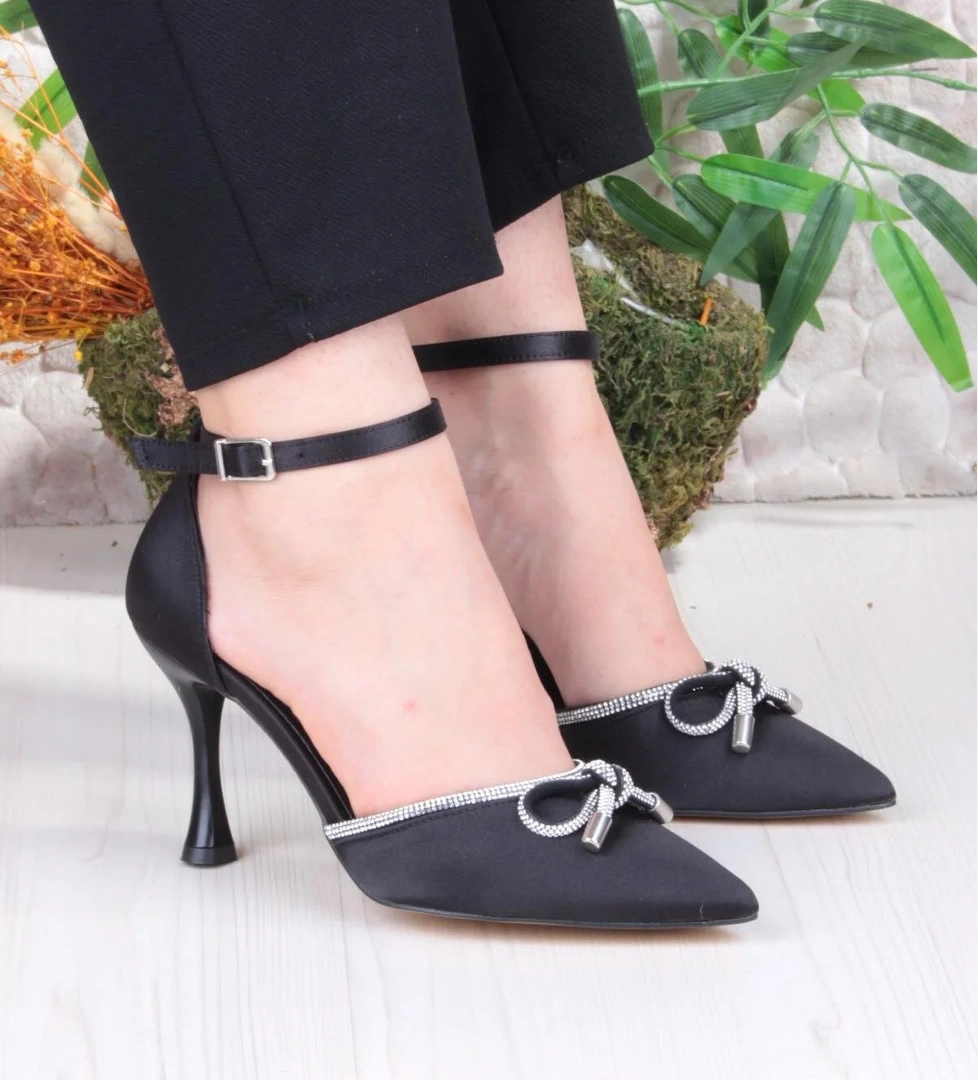 35695 Saten Fiyonklu Biye Taşlı Topuklu Abiye Ayakkabı Kadın Ayakkabı