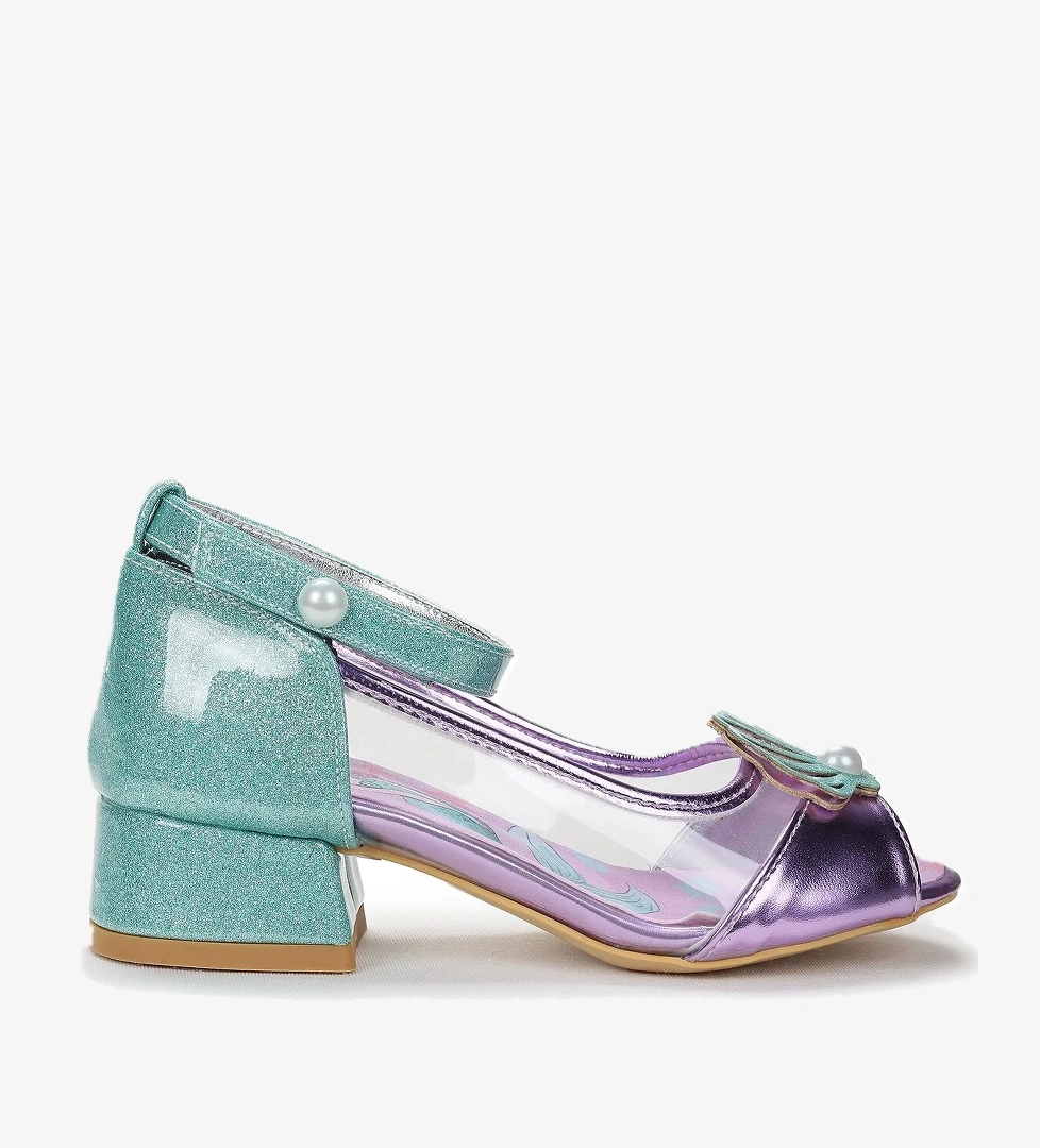 Deniz Kızı Şeffaf Burnu Açık Kız Çocuk Topuklu Abiye Ayakkabı Lila - Su Yeşili