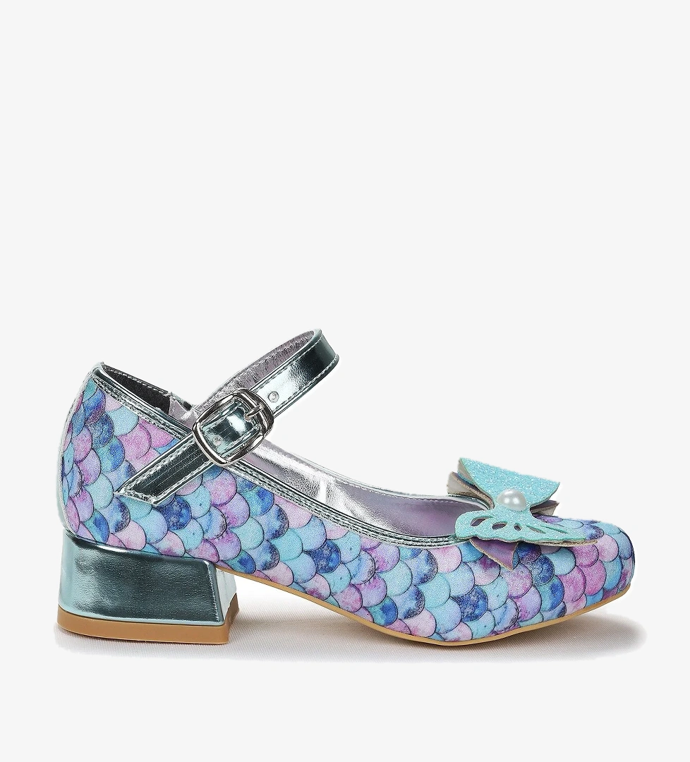 Deniz Kızı İnci Fiyonklu Simli Kız Çocuk Topuklu Abiye Ayakkabı Su Yeşili