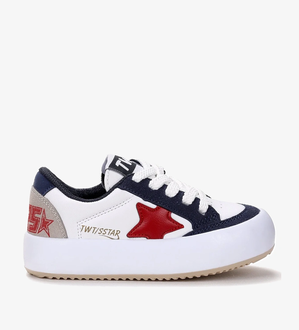 Rida Günlük Cırtlı Bağcıklı Erkek Çocuk Spor Ayakkabı Beyaz - Lacivert - Kırmızı