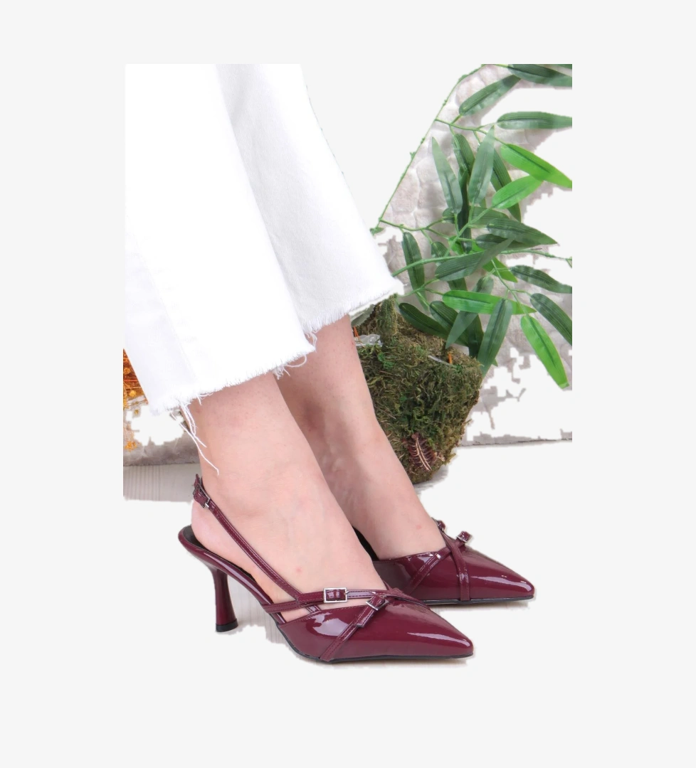 2105 Ceyn Rugan Çift Toka Detaylı Arkası Açık Topuklu Kadın Ayakkabı - Görsel 1