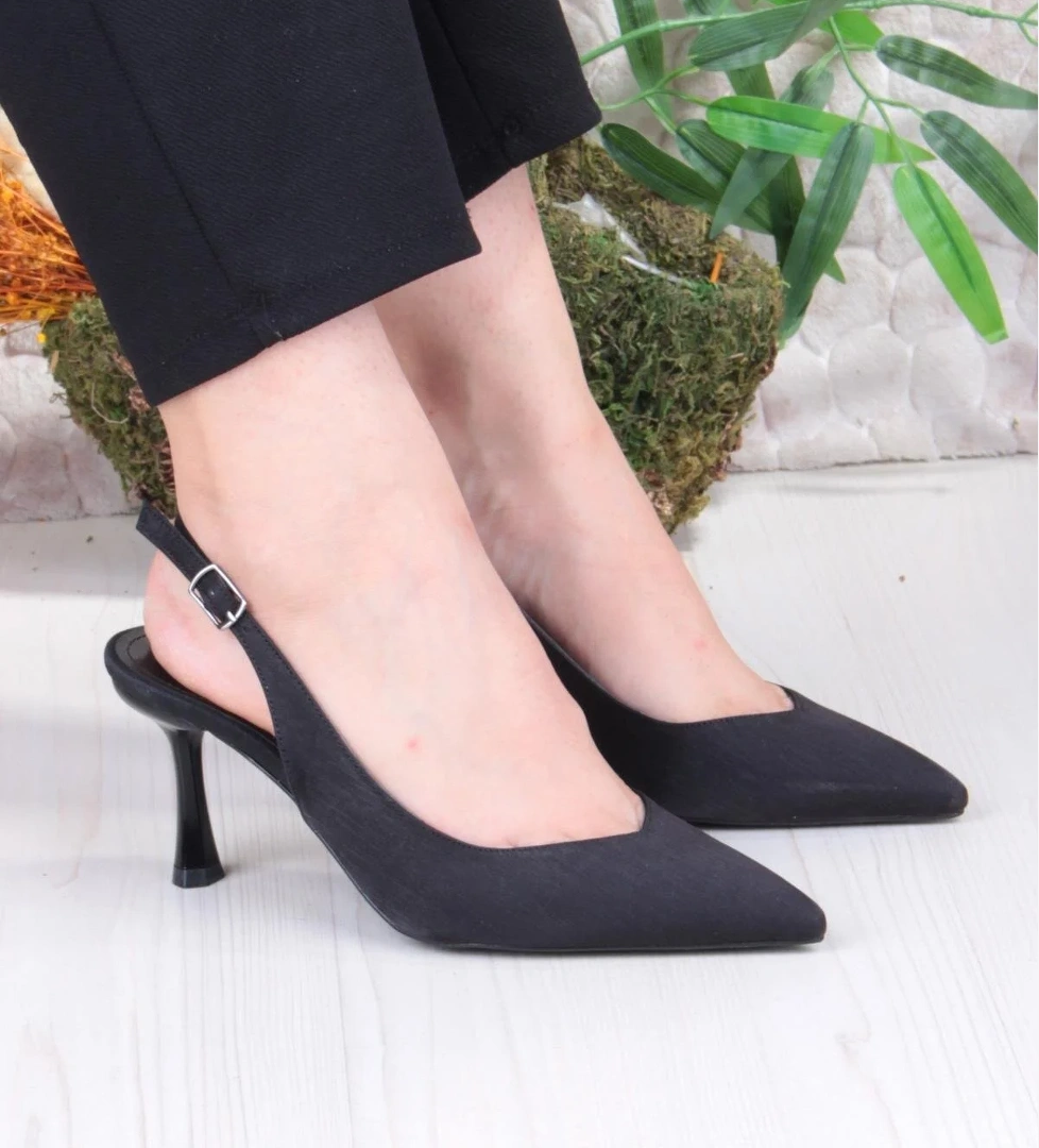 129-1300 Fls Saten Önü Kapalı Arkası Açık Topuklu Kadın Ayakkabı - Görsel 1