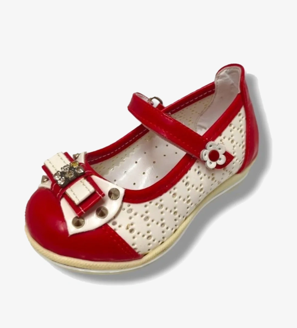 3089-20 Çiçek Cırtlı Fiyonklu Kız Çocuk Babet Kırmızı Beyaz 21-25 - Görsel 1