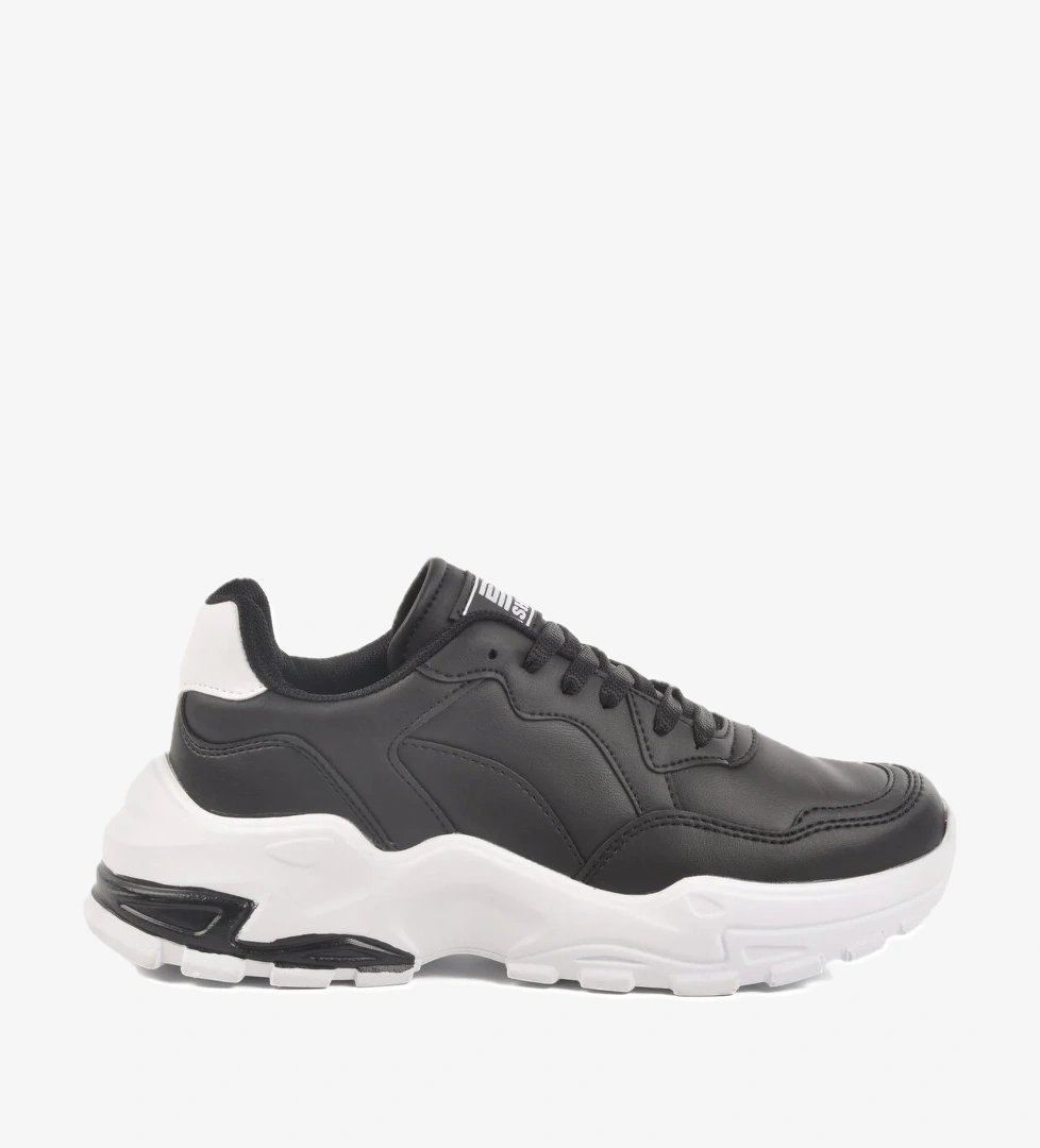 Siyah Beyaz Cilt Bağcıklı Kadın Spor Ayakkabı 159 G