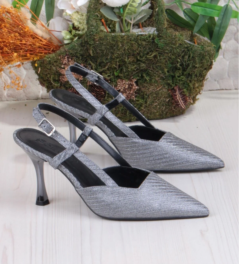 086-1001 Fls Saten Baskılı Arkası Açık Önü Kapalı Topuklu Kadın Ayakkabı - Görsel 1