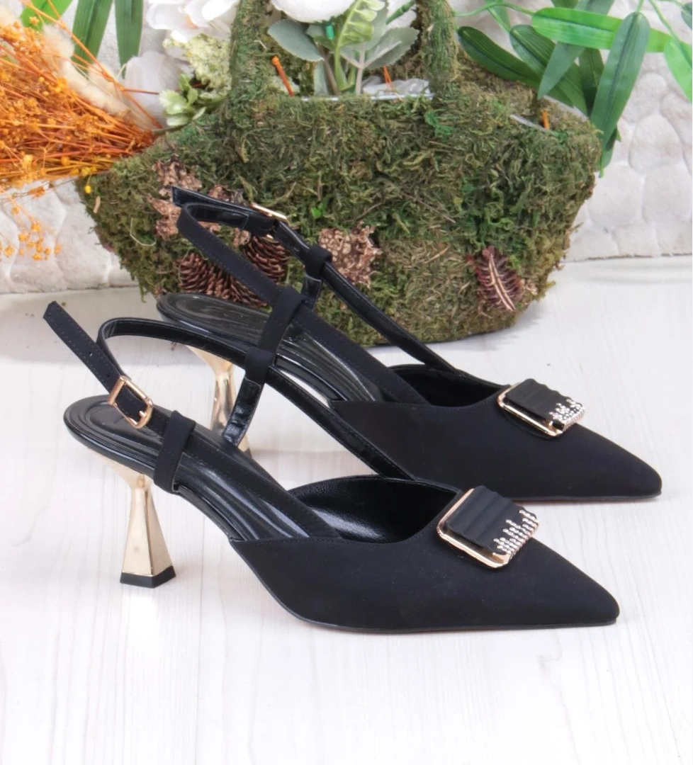 077-1183 Fls Saten Toka Detaylı Arkası Açık Topuklu Kadın Ayakkabı