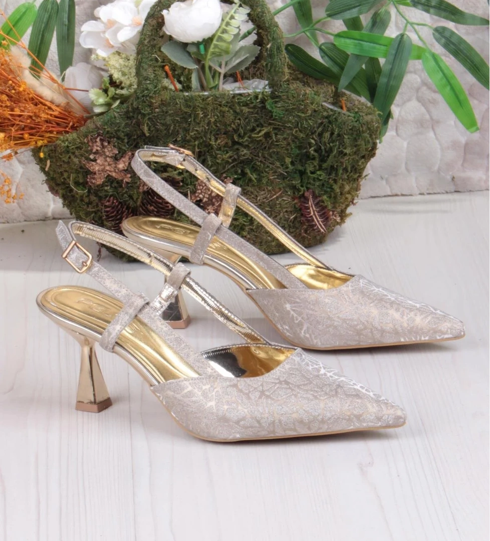 1182-09 Fls Saten Baskılı Arkası Açık Topuklu Kadın Ayakkabı