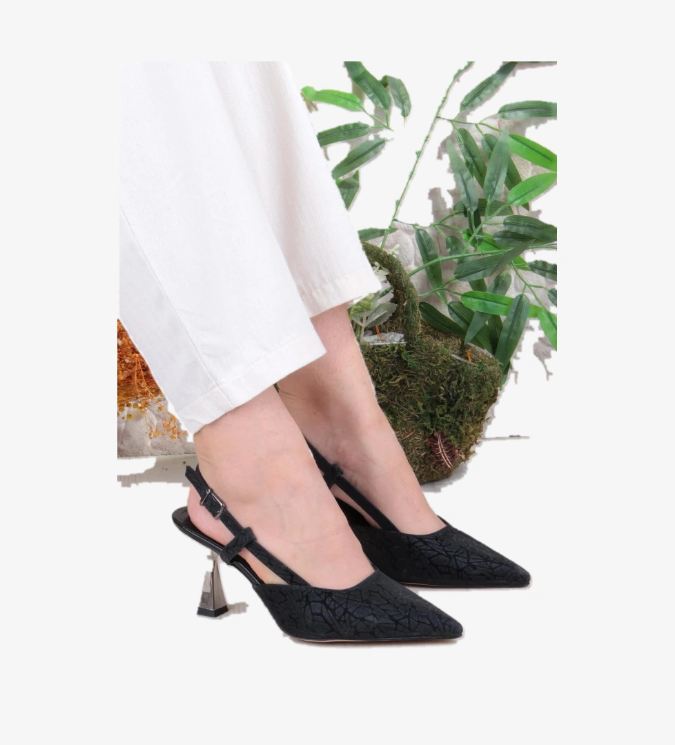 1182-09 Fls Saten Baskılı Arkası Açık Topuklu Kadın Ayakkabı