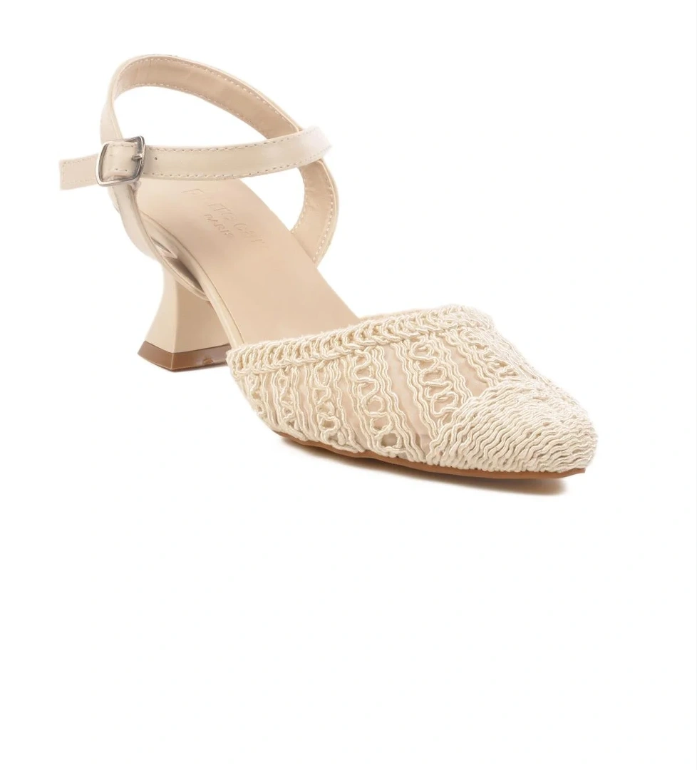 PC-54660 Z Krem Kadın Hasır Örgü Abiye Ayakkabı