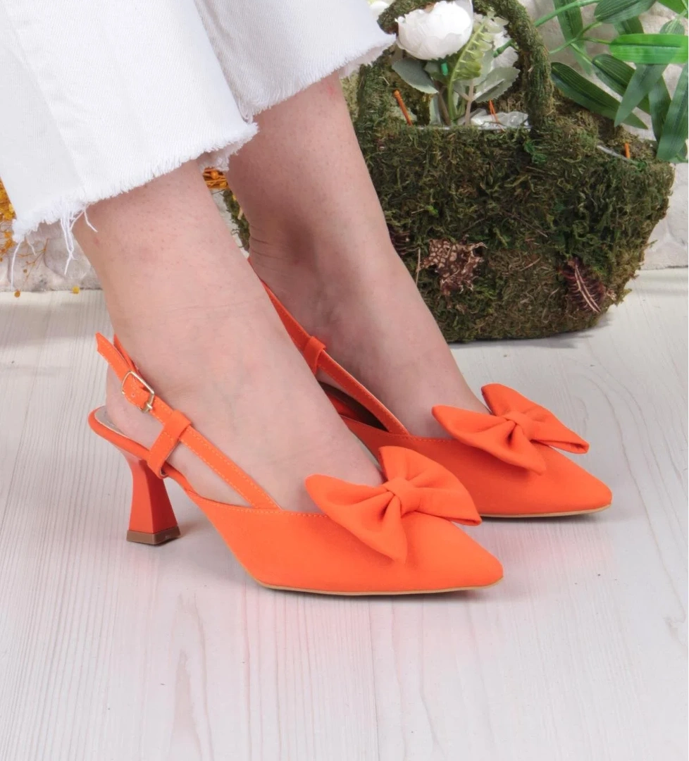 018-407 Fls Saten Önü Kapalı Fiyonklu Arkası Açık Topuklu Ayakkabı