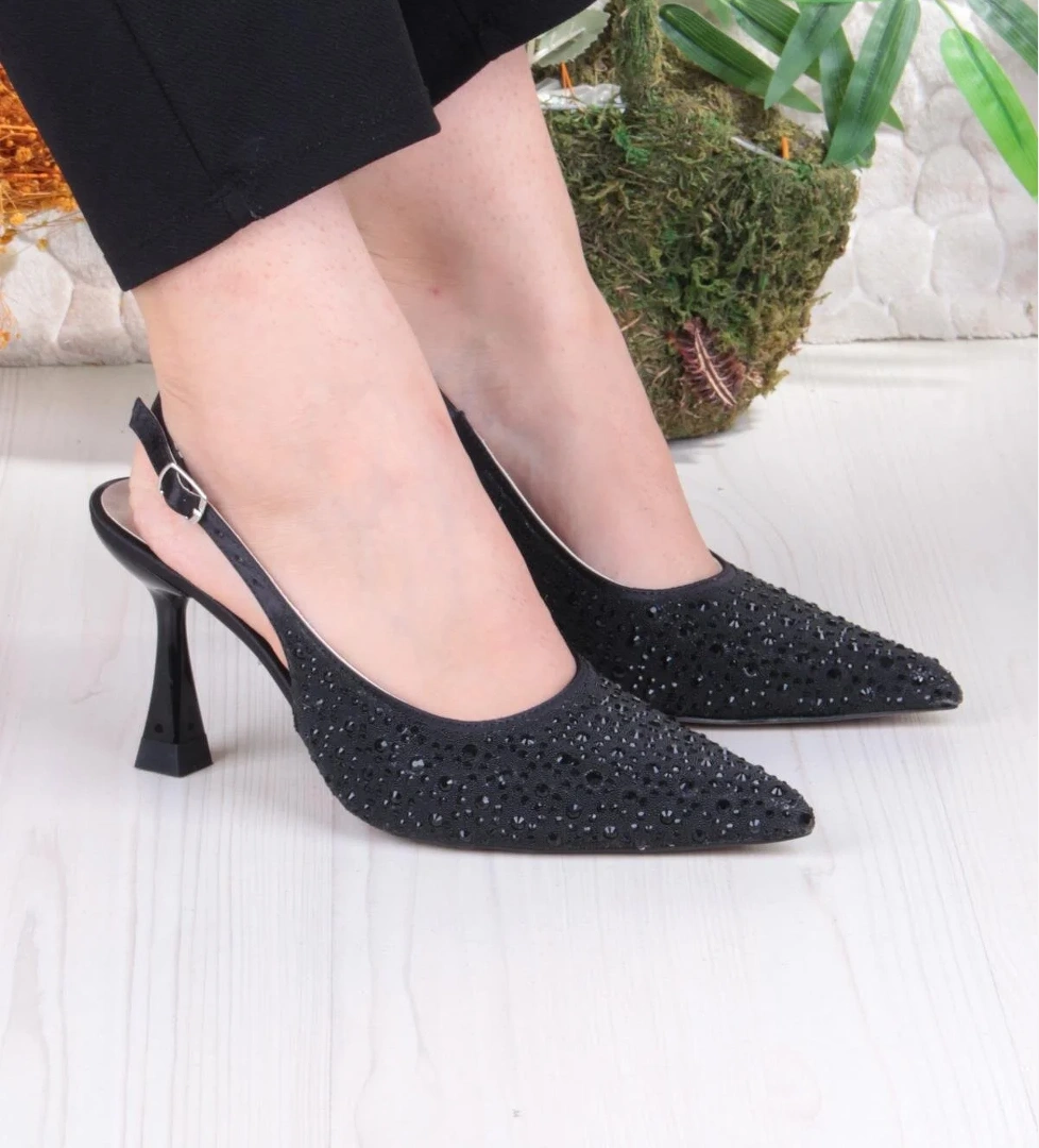 042-363 Fls Taş Baskılı Önü Kapalı Arkası Açık Topuklu Kadın Ayakkabı