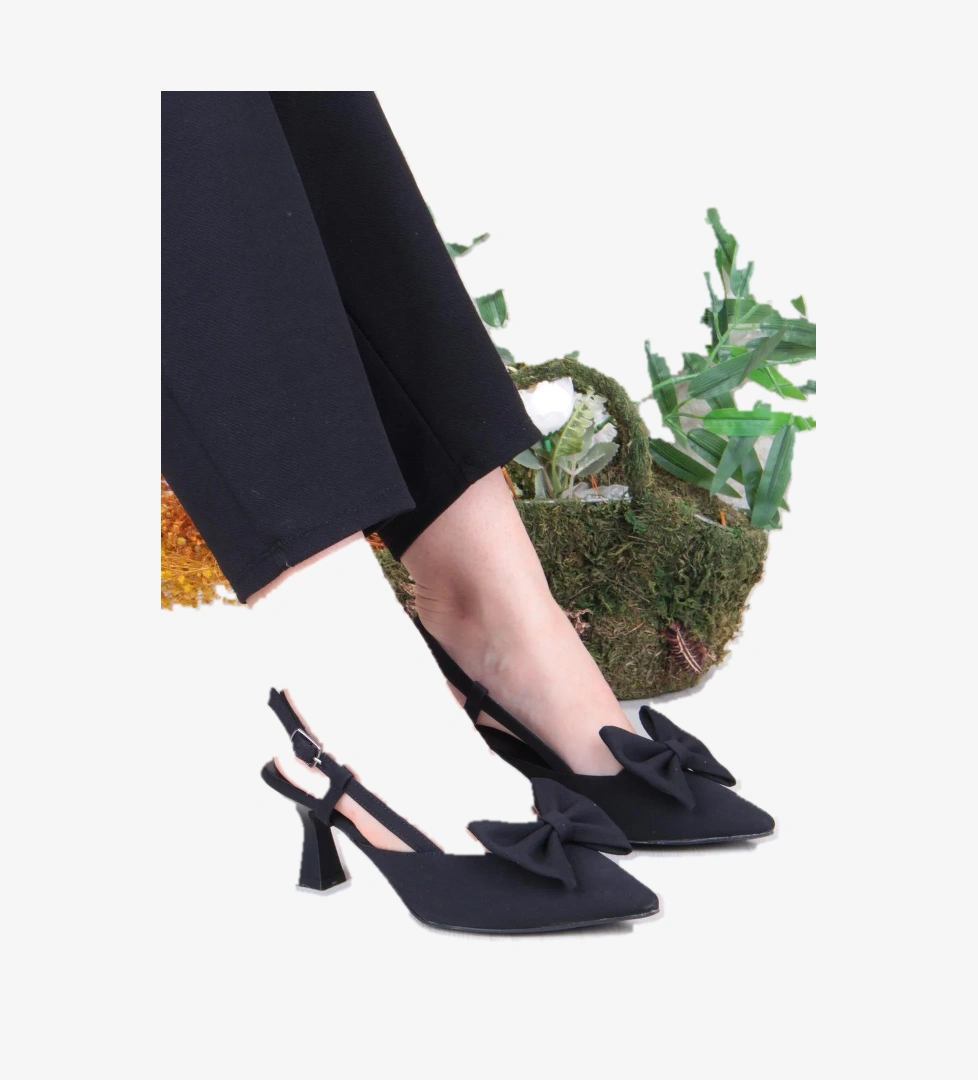 018-407 Fls Saten Önü Kapalı Fiyonklu Arkası Açık Topuklu Ayakkabı