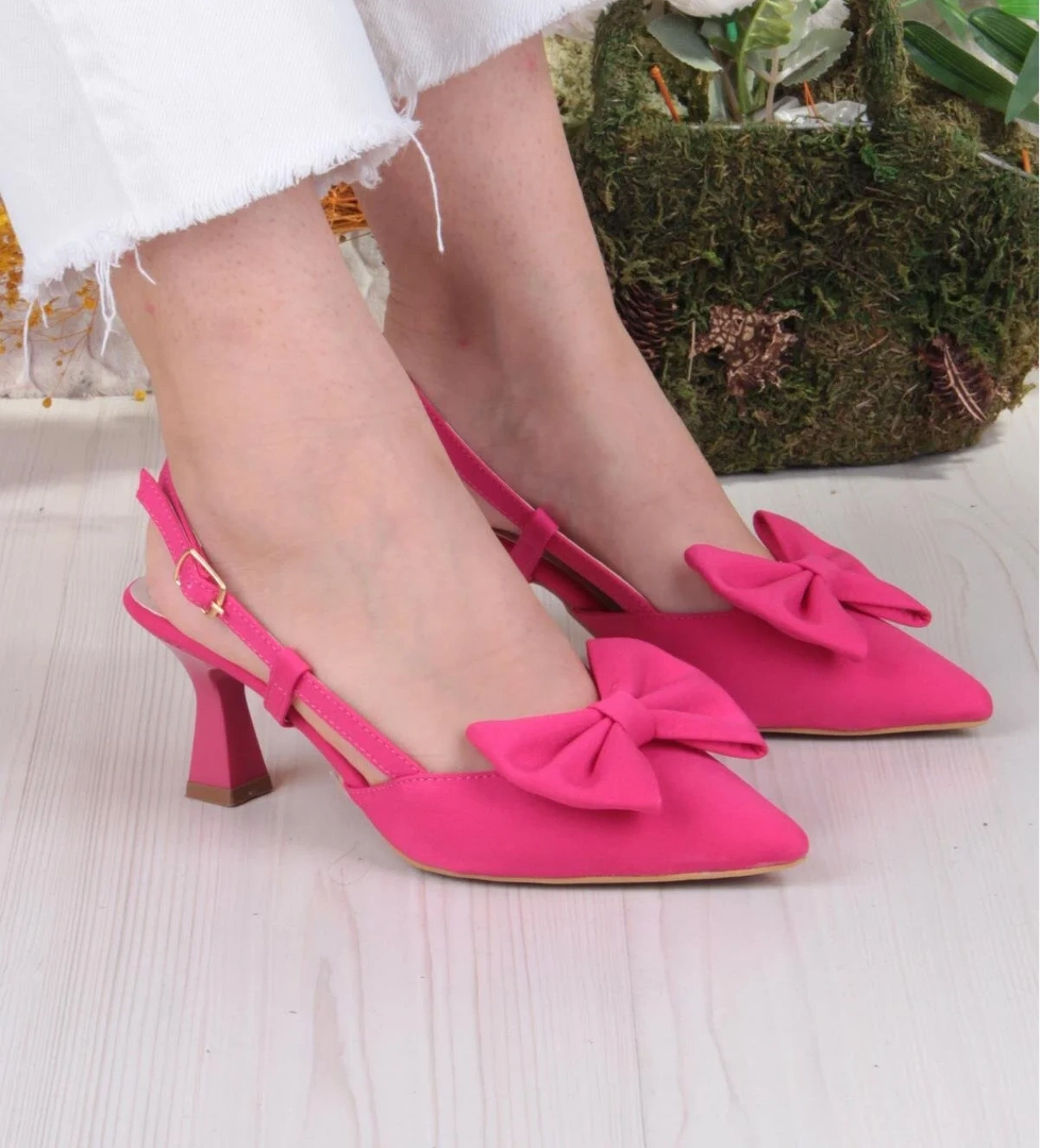 018-407 Fls Saten Önü Kapalı Fiyonklu Arkası Açık Topuklu Ayakkabı