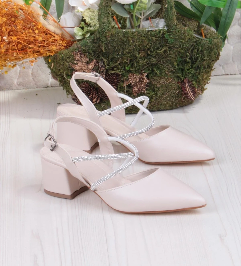 110-411 Çapraz Taşlı Arkası Açık Klasik Topuklu Kadın Ayakkabı - Görsel 1