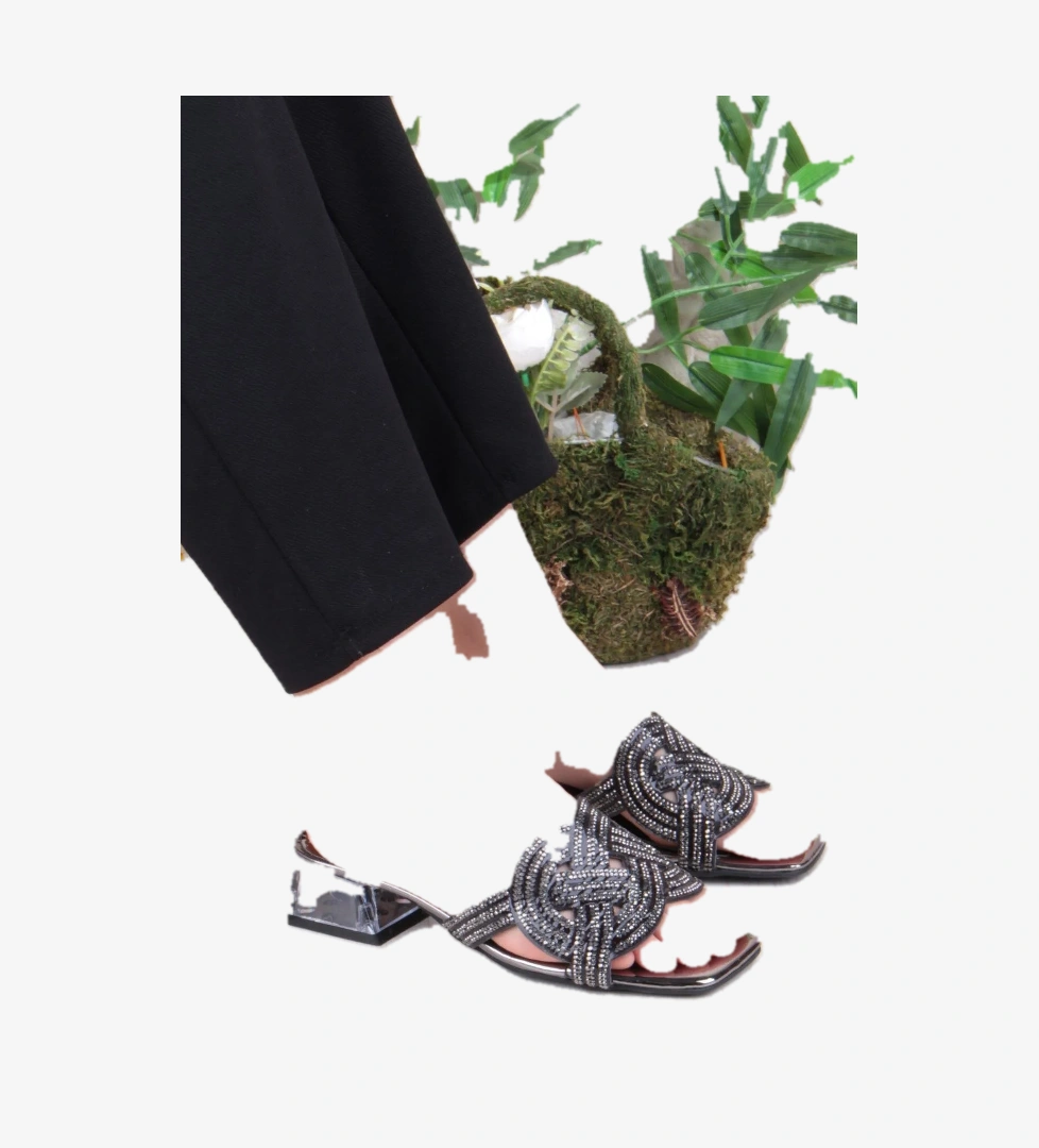 Ares 1698 Siyah Taşlı Günlük Giyim Abiye Şeffaf Topuk Kadın Terlik - Görsel 1