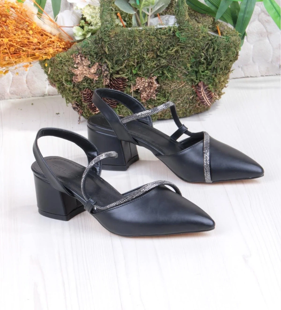 110-473 Fls Biye Taşlı Arkası Açık Klasik Topuklu Kadın Ayakkabı - Görsel 1