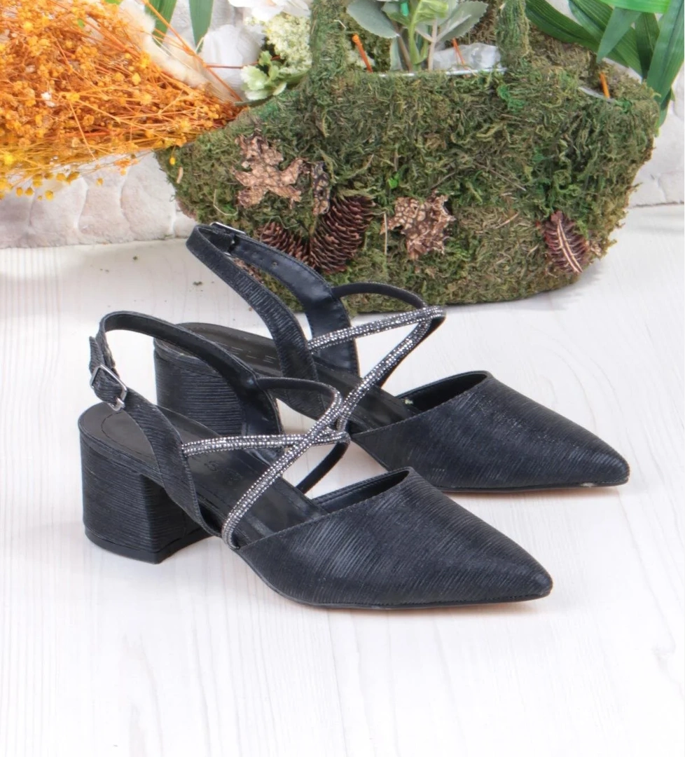 110-411 Saten Simli Taşlı Arkası Açık Klasik Topuklu Kadın Ayakkabı - Görsel 1