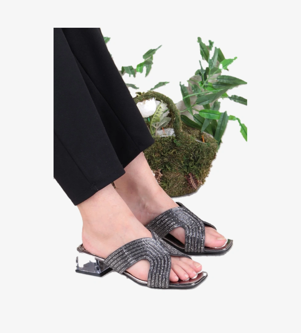 Ares 1694 Platin Taşlı Günlük Giyim Abiye Şeffaf Topuk Kadın Terlik - Görsel 1