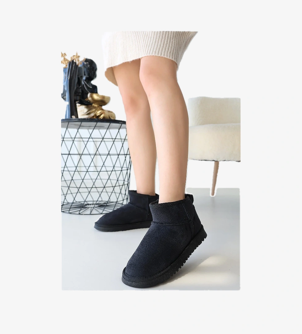 Siyah Süet Kadın Düz Bot