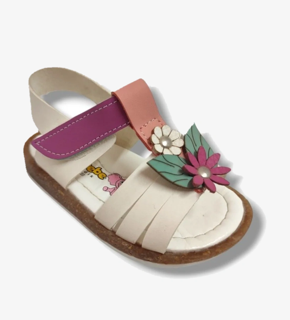 Şirinbebe 1653-20 Yan Çiçekli Cırtlı Kız Çocuk Sandalet Beyaz Pembe 21-25 - Görsel 1