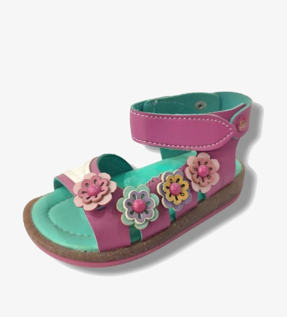 Şi̇ri̇ngenç Şirinbebe 1645-20 Anatomik 4 Çiçekli Tek Cırtlı Kız Çocuk Sandalet Fuşya Yeşil 21-25 model görseli