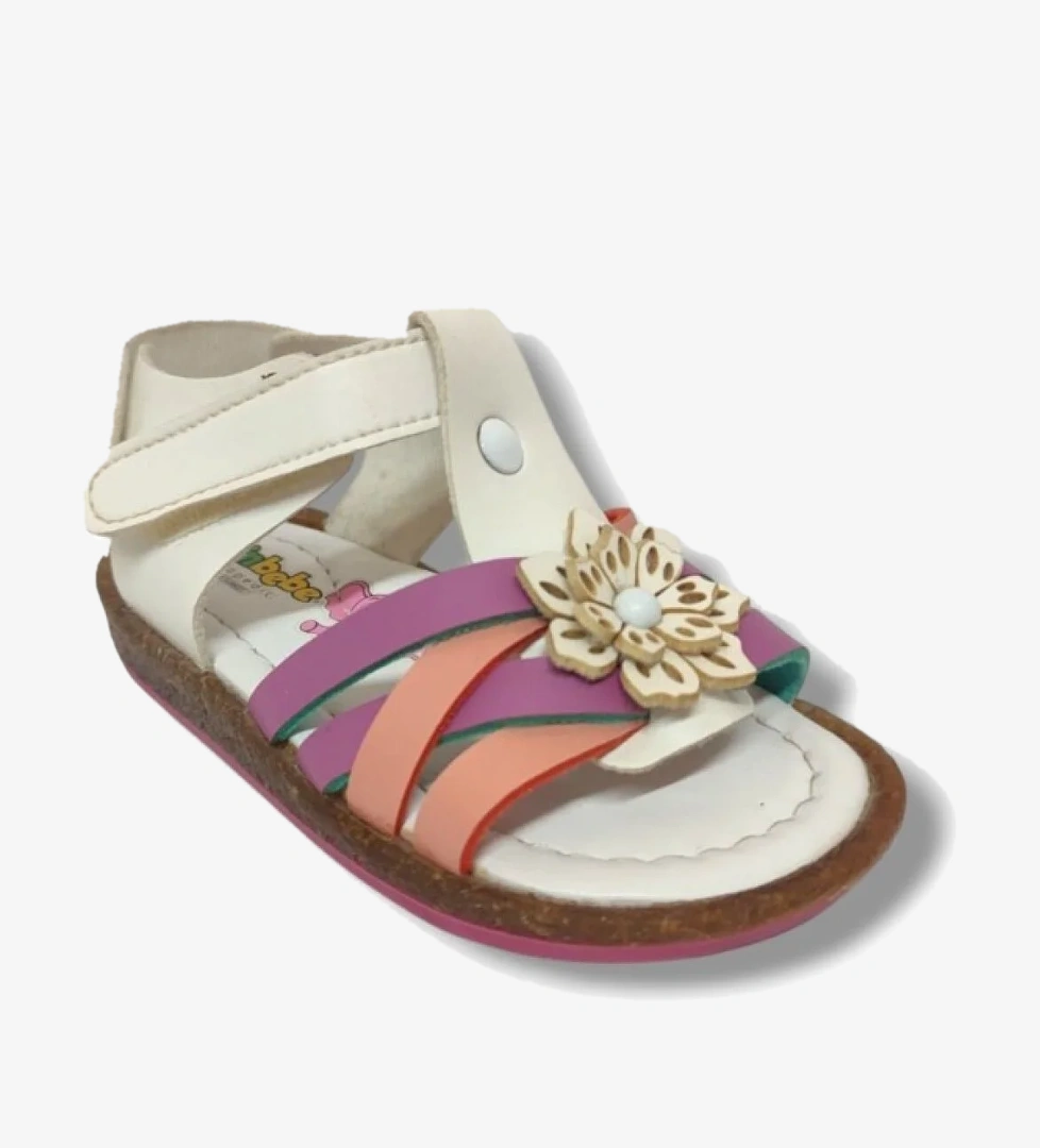 Şiringenç 1611-20 Çiçek Deseli Tek Cırt Kız Çocuk Sandalet Beyaz Pembe 21-25 - Görsel 1