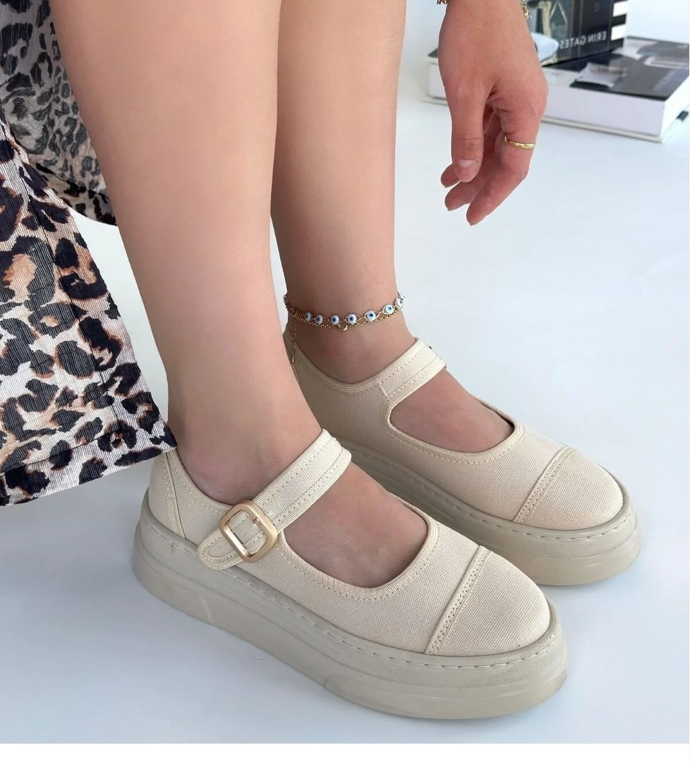 Bej Keten Tokalı Kadın Günlük Ayakkabı