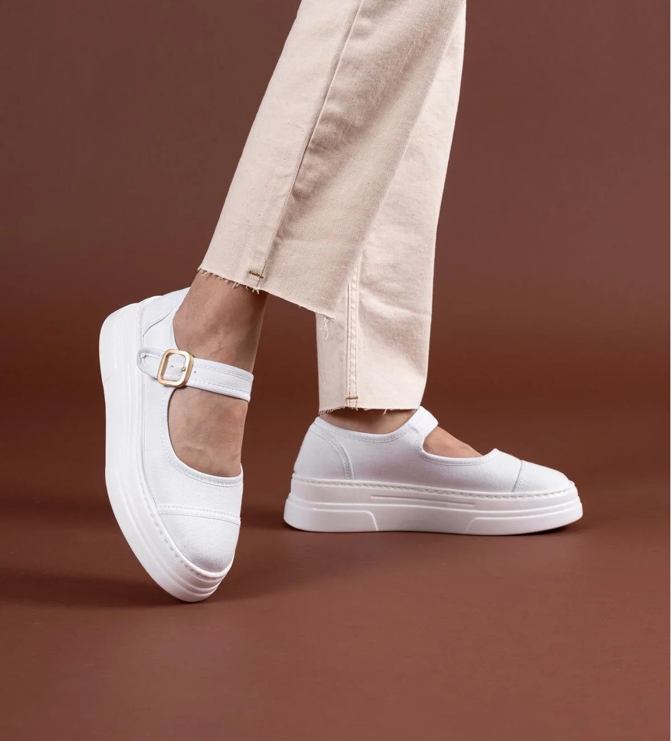 Pabucmarketi Beyaz Bej Keten Tokalı Kadın Günlük Ayakkabı model görseli