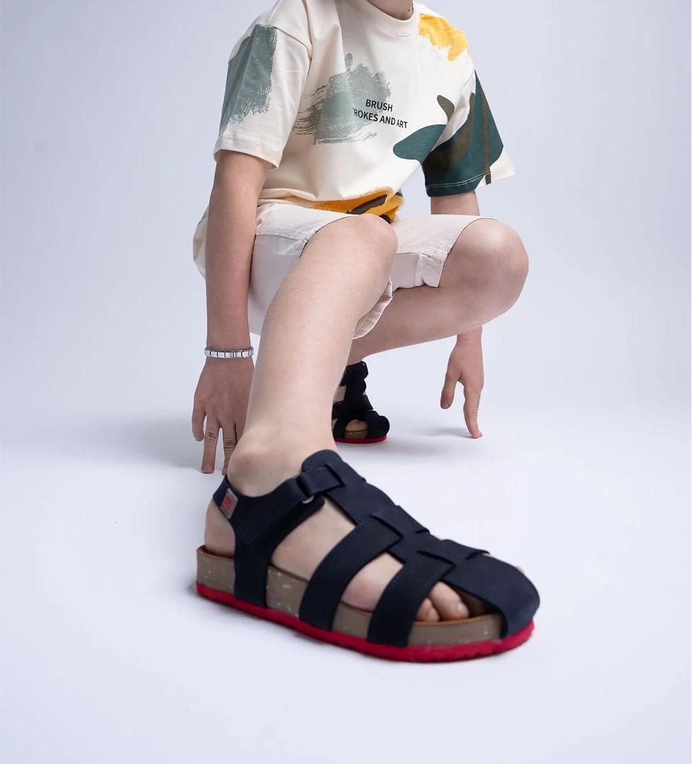 Unisex Çocuk Lacivert Hakiki Deri Mantar Tabanlı Günlük Çocuk Sandalet