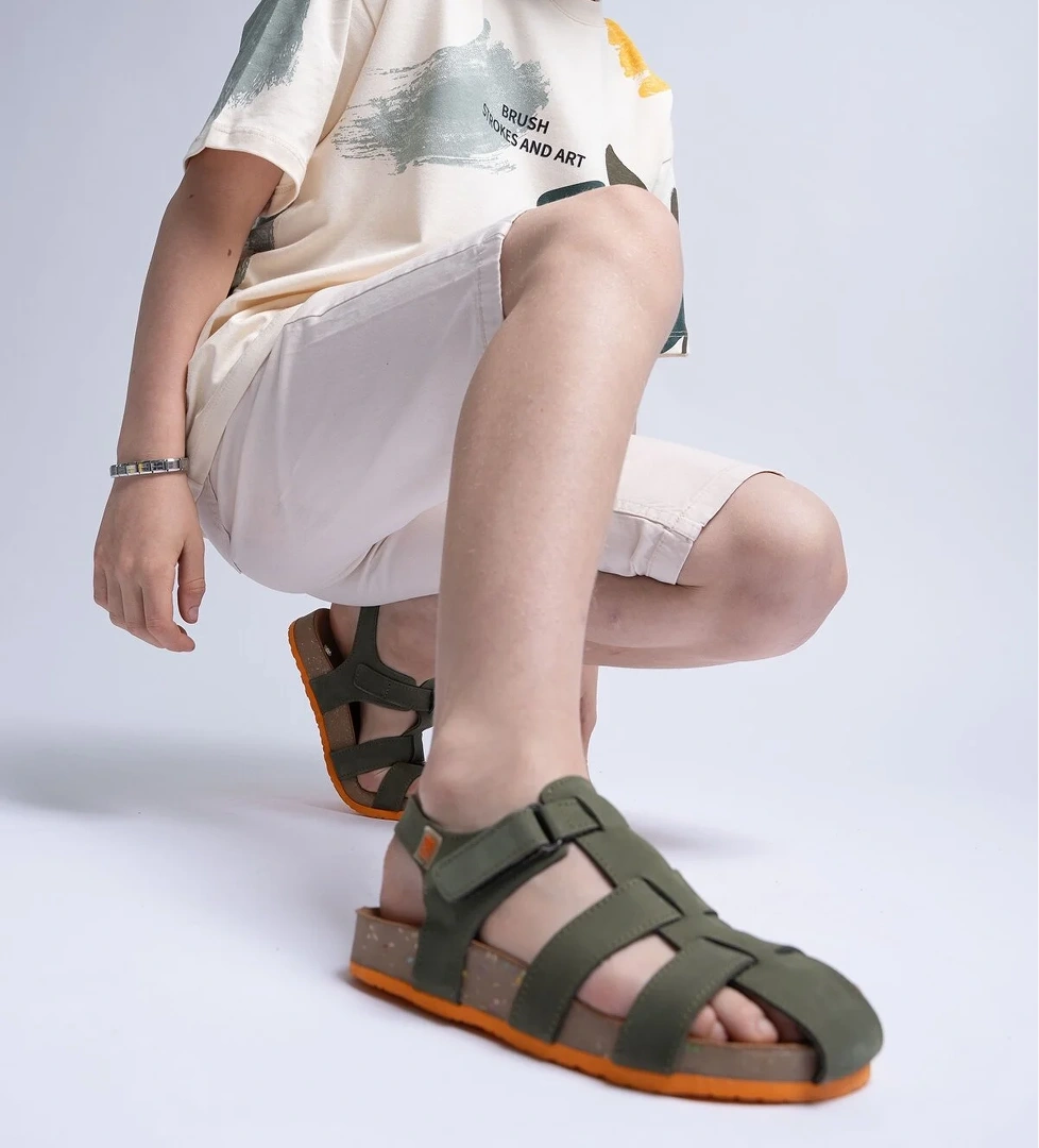 Unisex Çocuk Haki Hakiki Deri Mantar Tabanlı Günlük Çocuk Sandalet