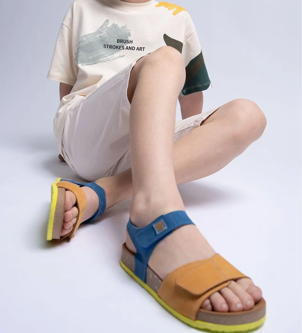 Unisex Çocuk Sarı-Saks Hakiki Deri Mantar Tabanlı Günlük Çocuk Sandalet - Görsel 1