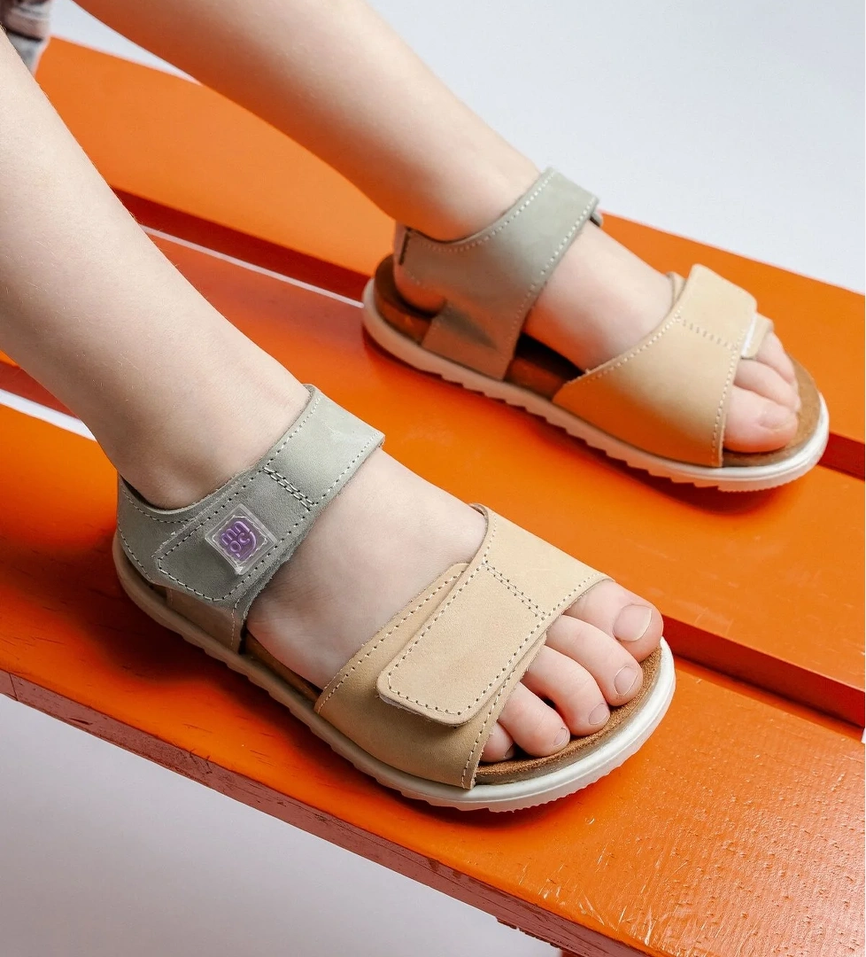 Unisex Çocuk Sarı-Su Yeşili Hakiki Deri Mantar Tabanlı Günlük Çocuk Sandalet