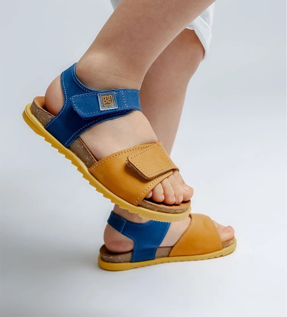 Unisex Çocuk Sarı-Saks Hakiki Deri Mantar Tabanlı Günlük Çocuk Sandalet - Görsel 1