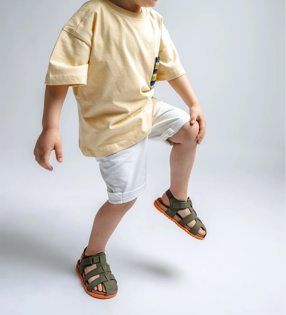 Unisex Çocuk Haki Hakiki Deri Mantar Tabanlı Günlük Çocuk Sandalet