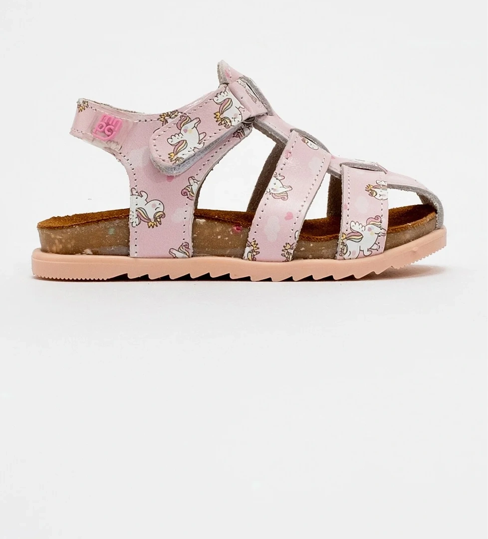 Unisex Çocuk Pudra Hakiki Deri Mantar Tabanlı Günlük Çocuk Sandalet