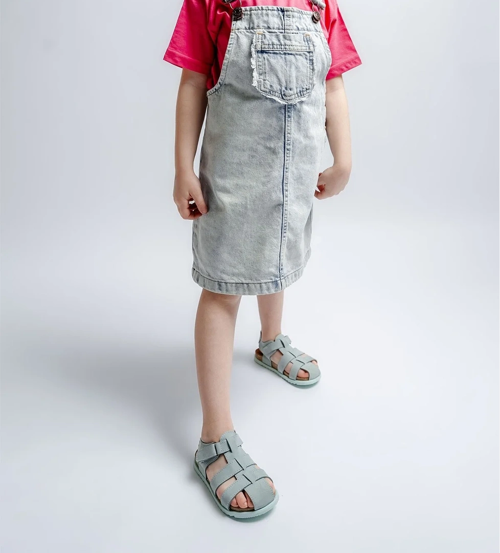 Unisex Çocuk Su Yeşili Hakiki Deri Mantar Tabanlı Günlük Çocuk Sandalet