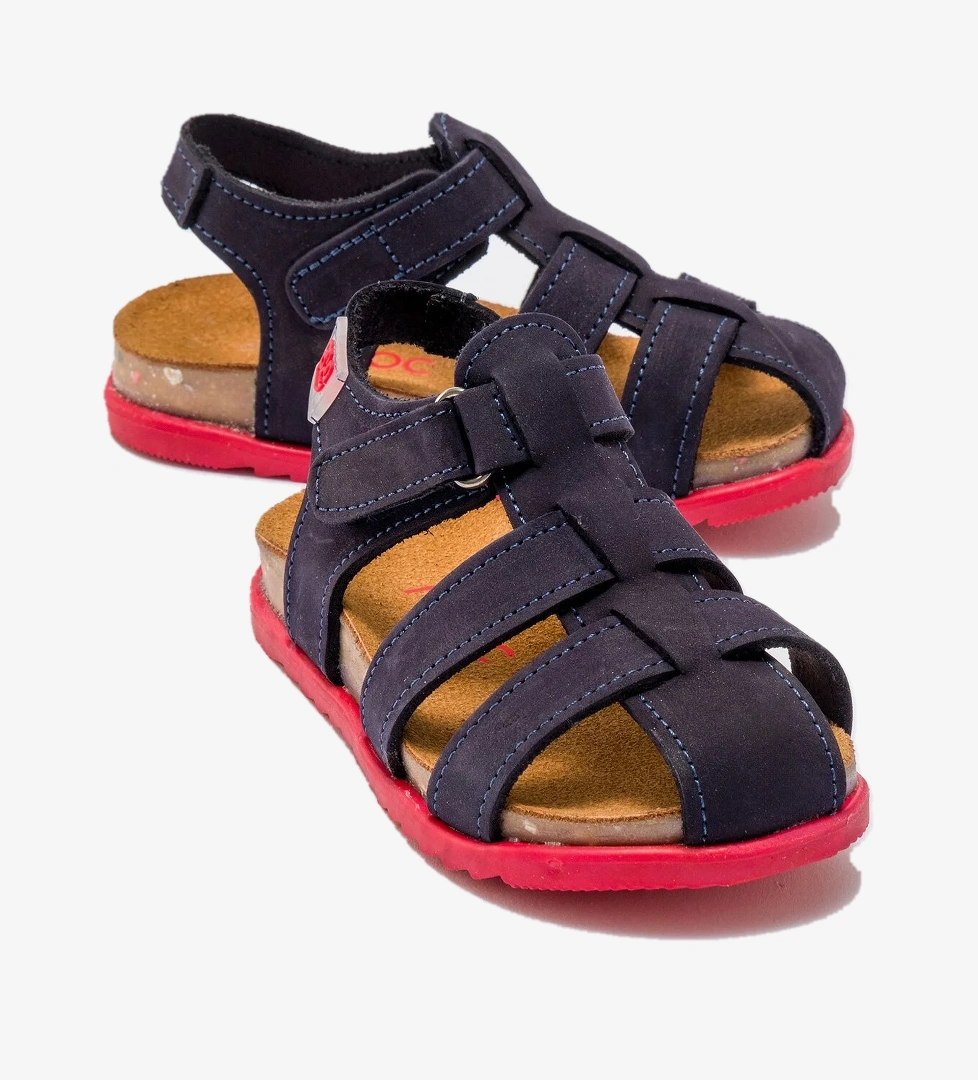 Unisex Çocuk Lacivert Hakiki Deri Mantar Tabanlı Günlük Çocuk Sandalet