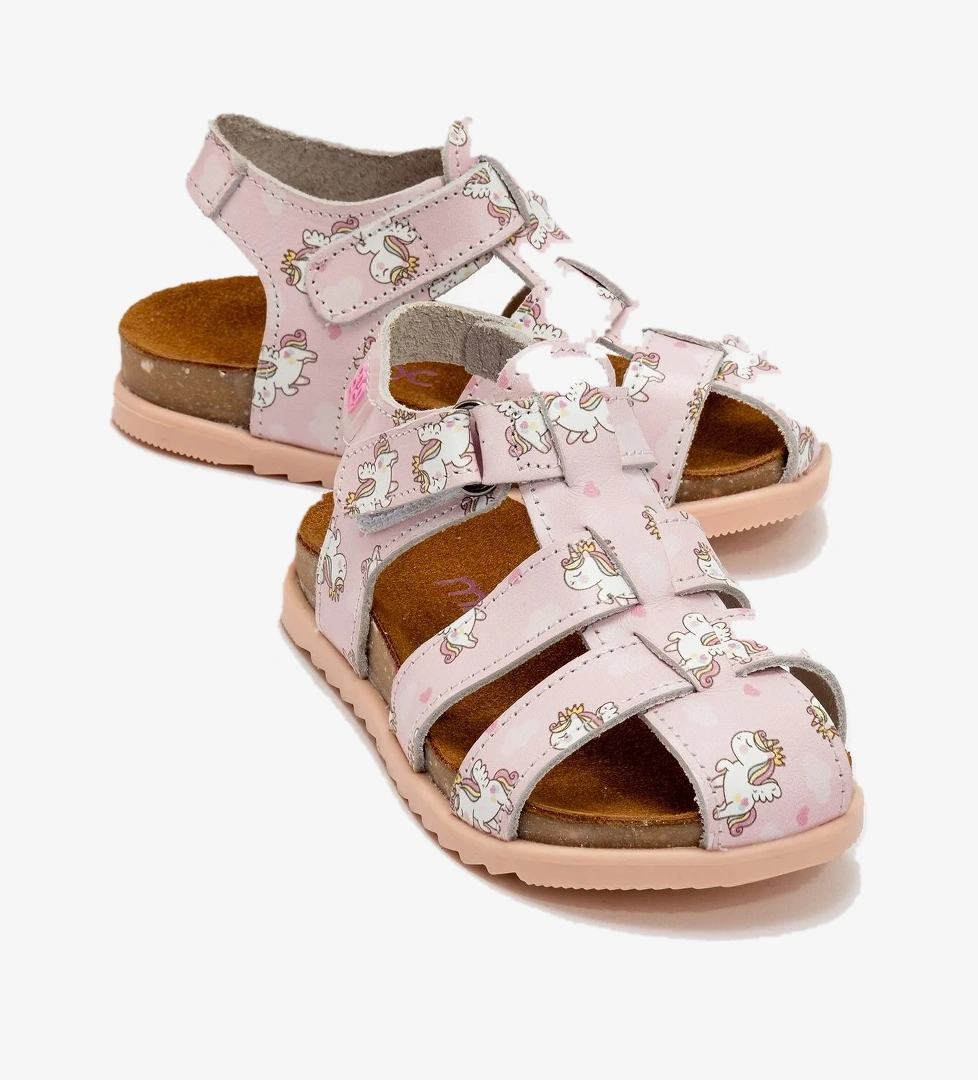 Unisex Çocuk Pudra Hakiki Deri Mantar Tabanlı Günlük Çocuk Sandalet