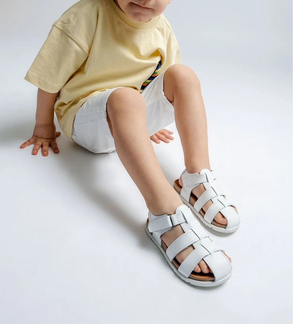 Unisex Çocuk Beyaz Hakiki Deri Mantar Tabanlı Günlük Çocuk Sandalet