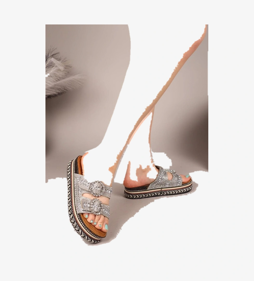 Elit BTBSJ02 Kadın Taşlı Düz Terlik Gümüş - Görsel 1