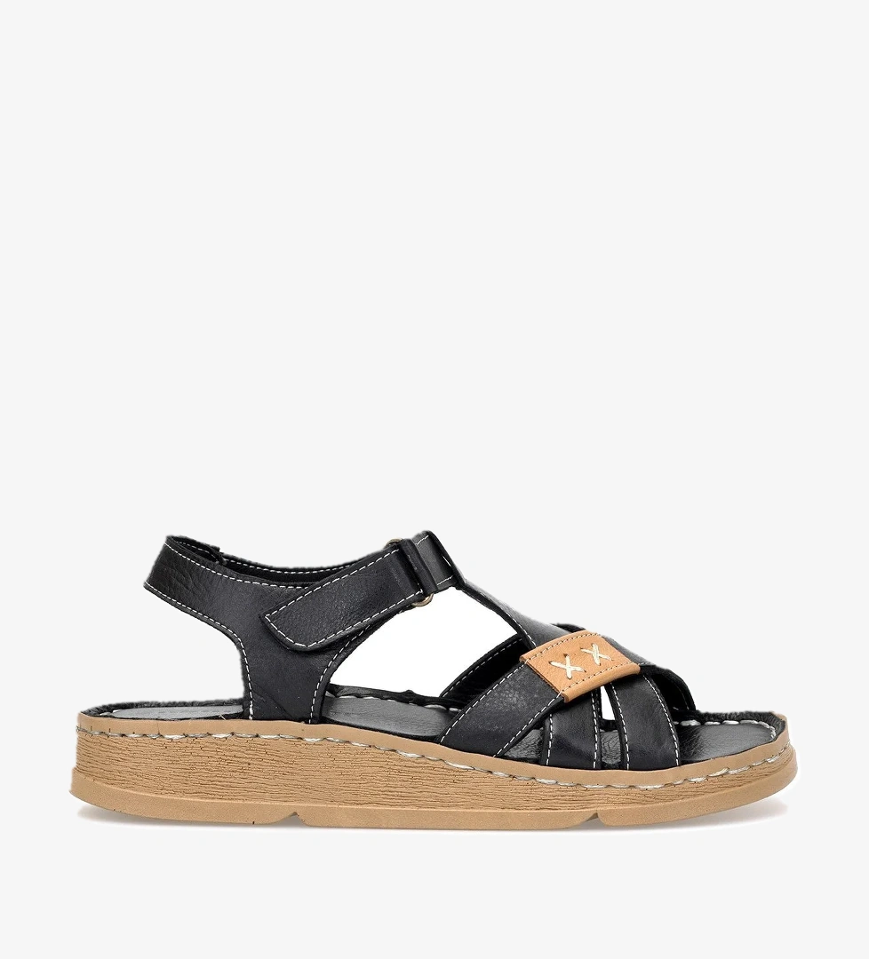 D25YS-2440 Kadın Hakiki Deri Düz Sandalet Siyah