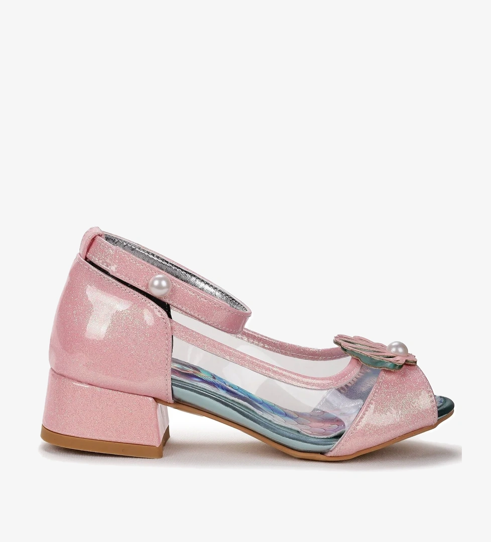 Deniz Kızı Şeffaf Burnu Açık Kız Çocuk Topuklu Abiye Ayakkabı Pudra