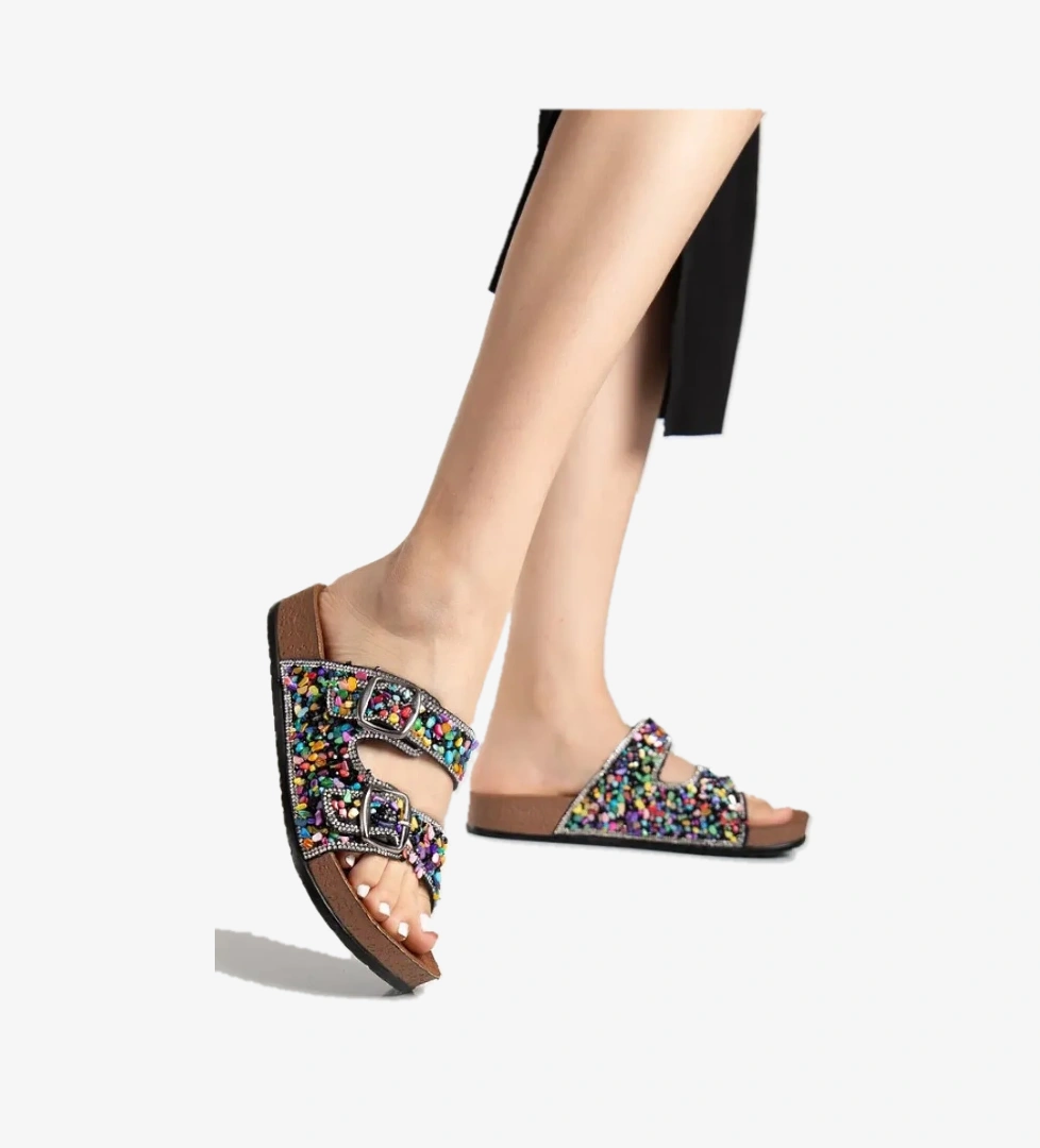 Çift Toka Mantar Taban Taş Detaylı Kadın Terlik