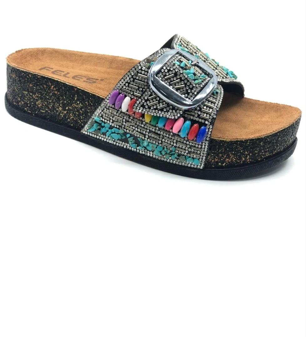 Feles Tek Toka Mantar Taban Taş Detaylı Kadın Terlik model görseli