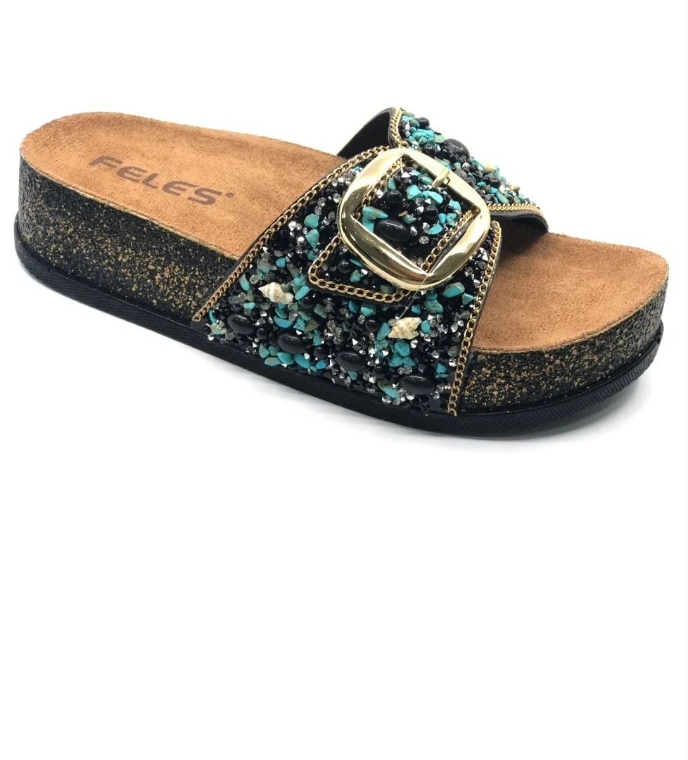 Tek Toka Mantar Taban Taş Detaylı Kadın Terlik