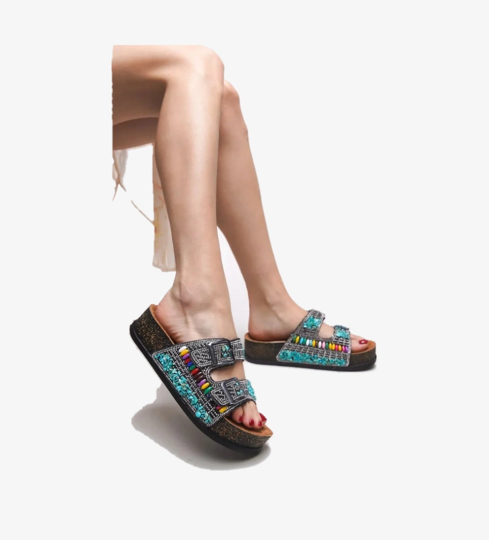 Çift Toka Mantar Taban Taş Detaylı Kadın Terlik