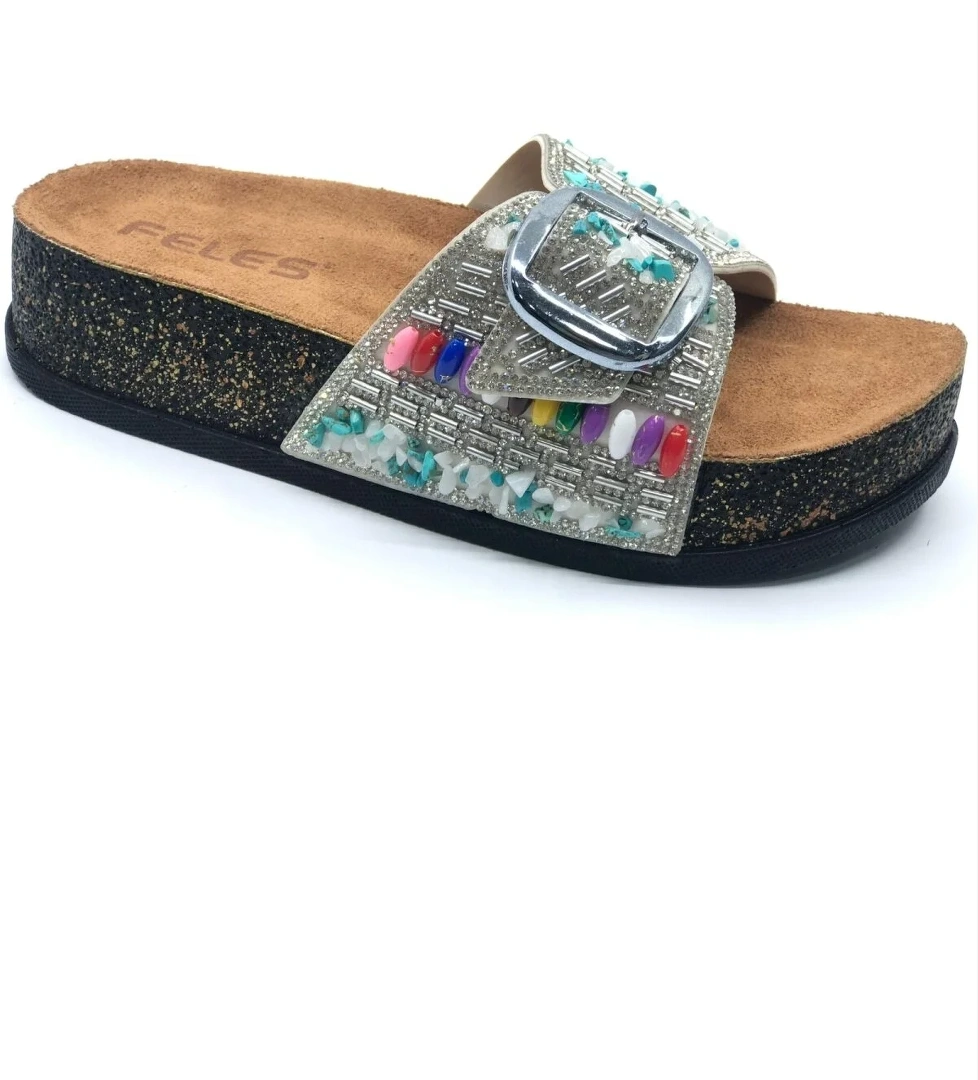 Tek Toka Mantar Taban Taş Detaylı Kadın Terlik